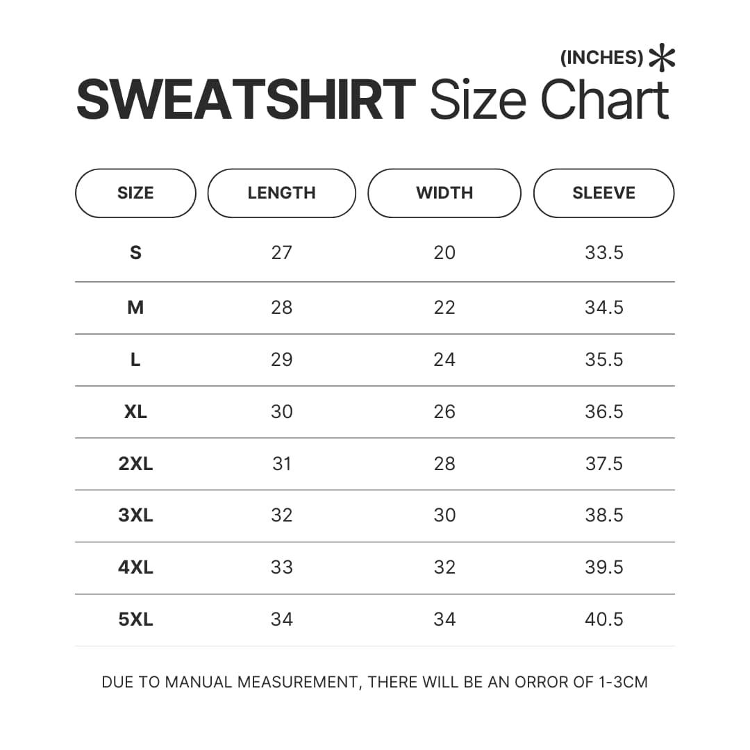 Sweatshirt Size Chart - Arctic Monkeys Merchandise